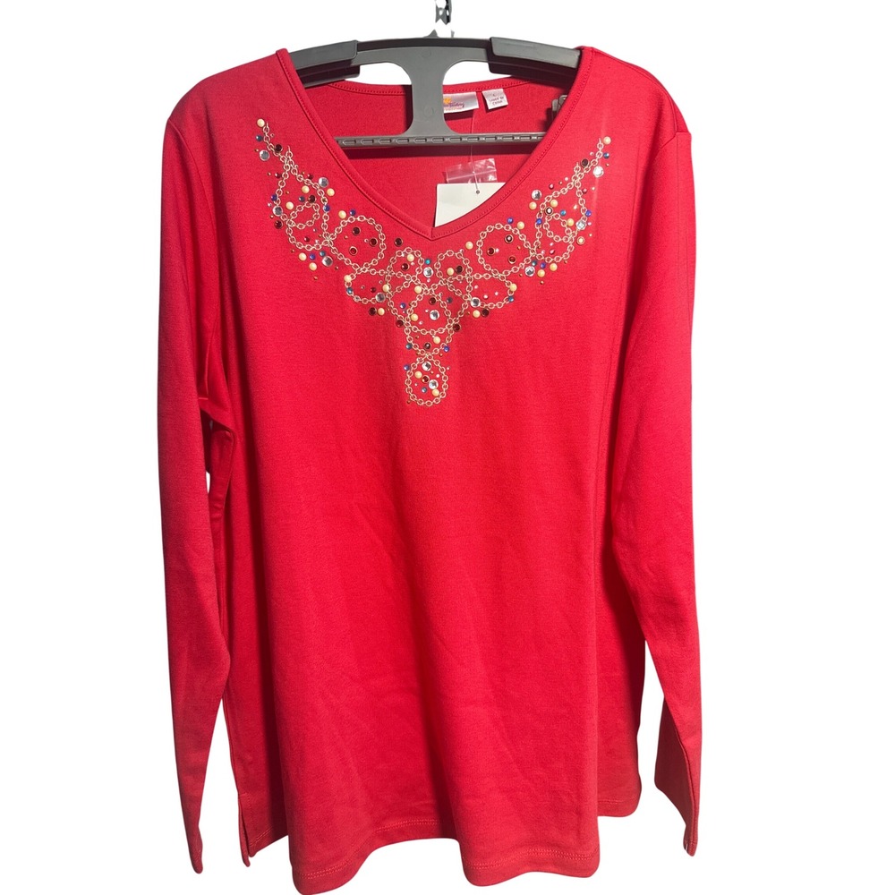 Quacker Factory Red Embellished V-Neck Lg Sleeve Top Rhinestone Studs sz L NWT
